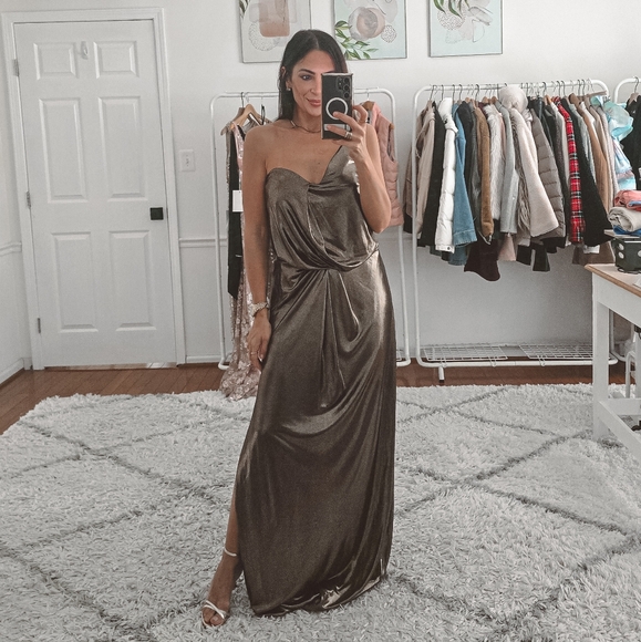 Halston Heritage Metallic Gold One Shoulder Corser Maxi Dress Size 10